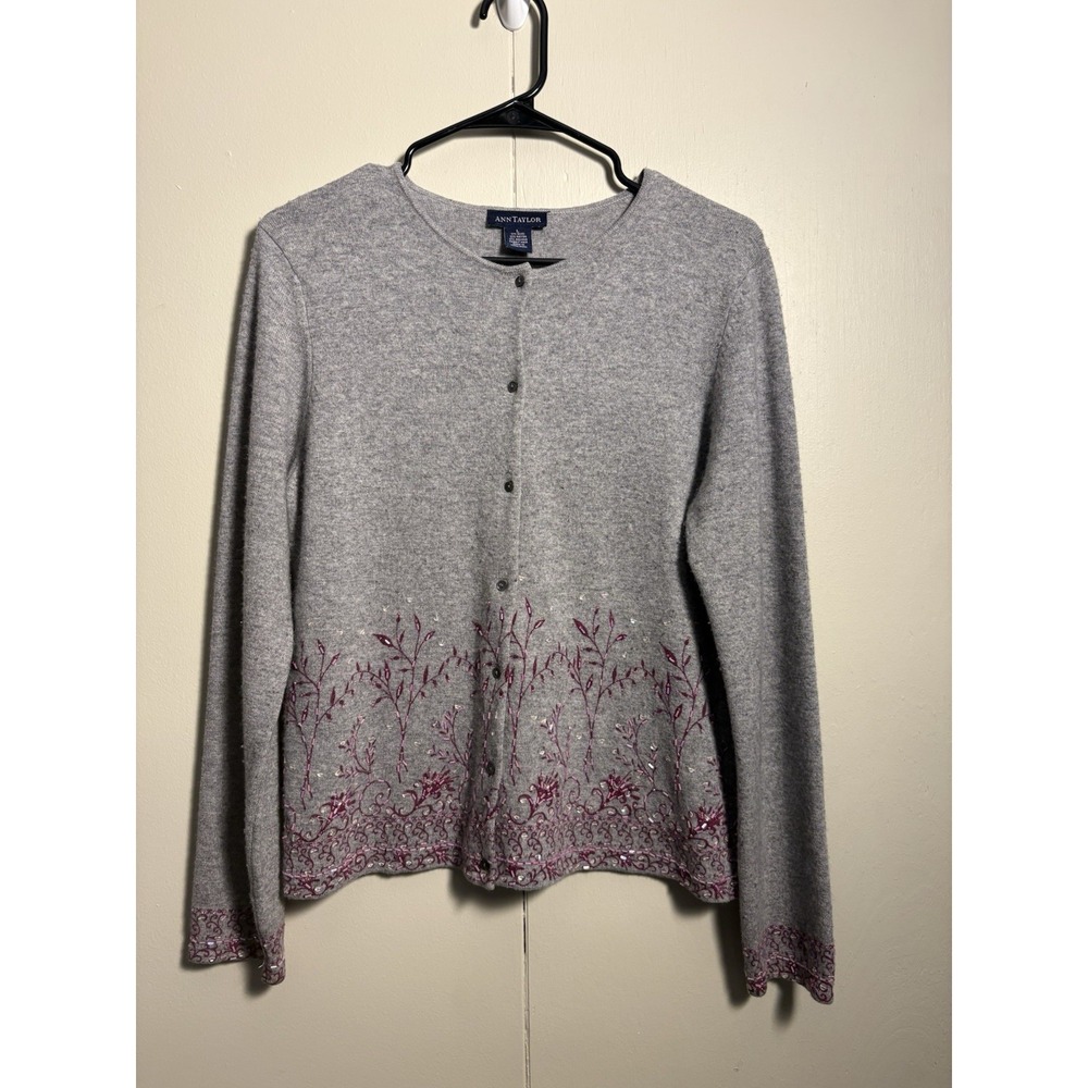 Ann Taylor L Gray Beaded Embroidered Cardigan Sweater Wool Angora Layering Work